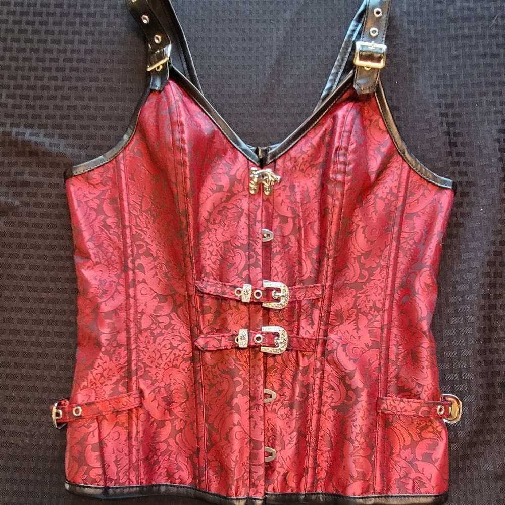 Red Jacquard PU Leather Trim Corset